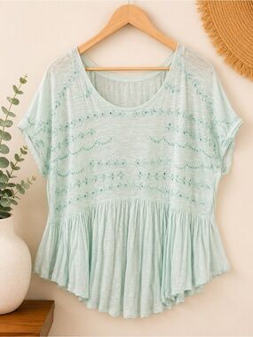 Free People Mint Embroidered Peplum Tunic